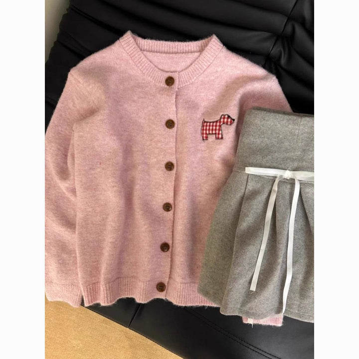 Dame Cozy Knit Cardigan med Dekorativt Hundemotiv Stilla
