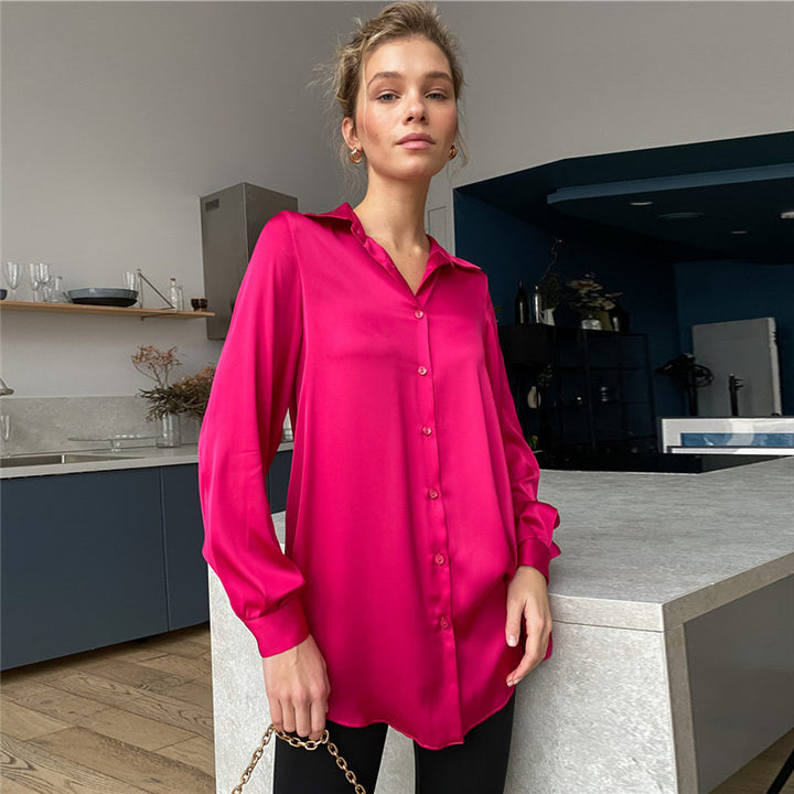 Dame Elegant Silke Bluse med Knappet Placket Stilla