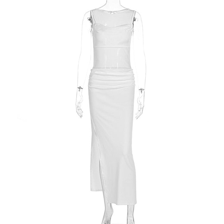 Dame Elegant Wrap Kjole med gennemsigtige indsatser og sidelæg Skovae