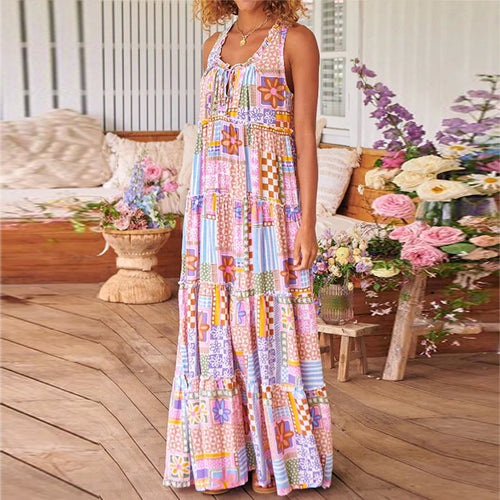 Dame Maxikjole med farverigt patchwork-design Stilla