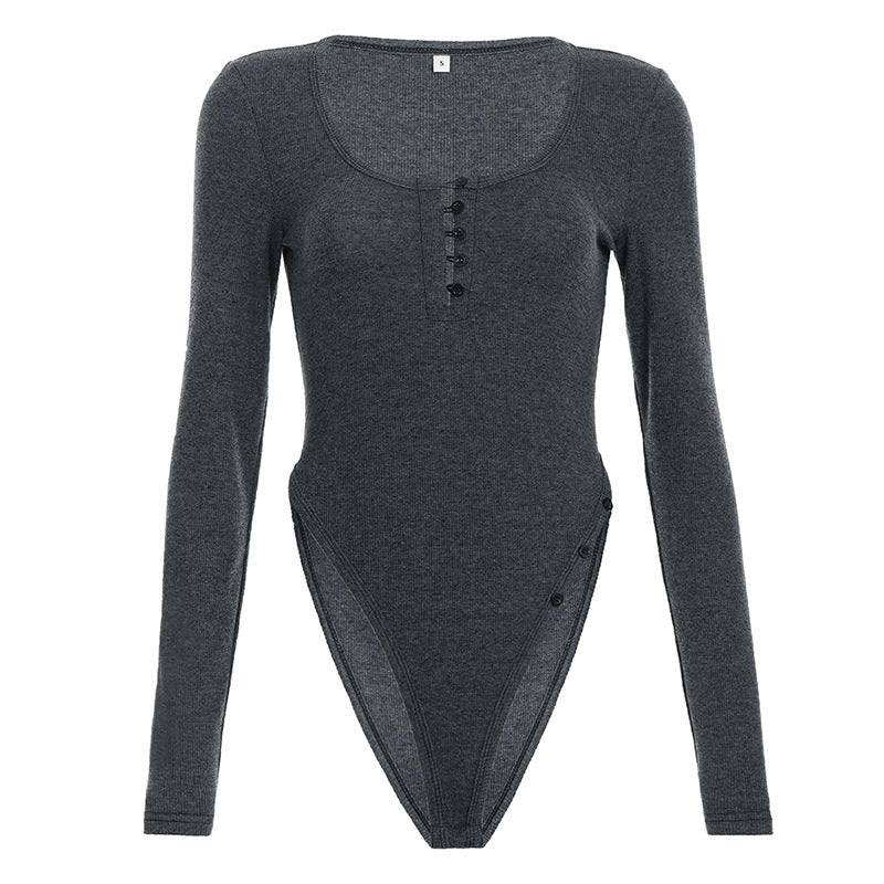 Dame figurtilpasset Langærmet bodystocking med elegant V-hals og trykknapdetalje Skovae