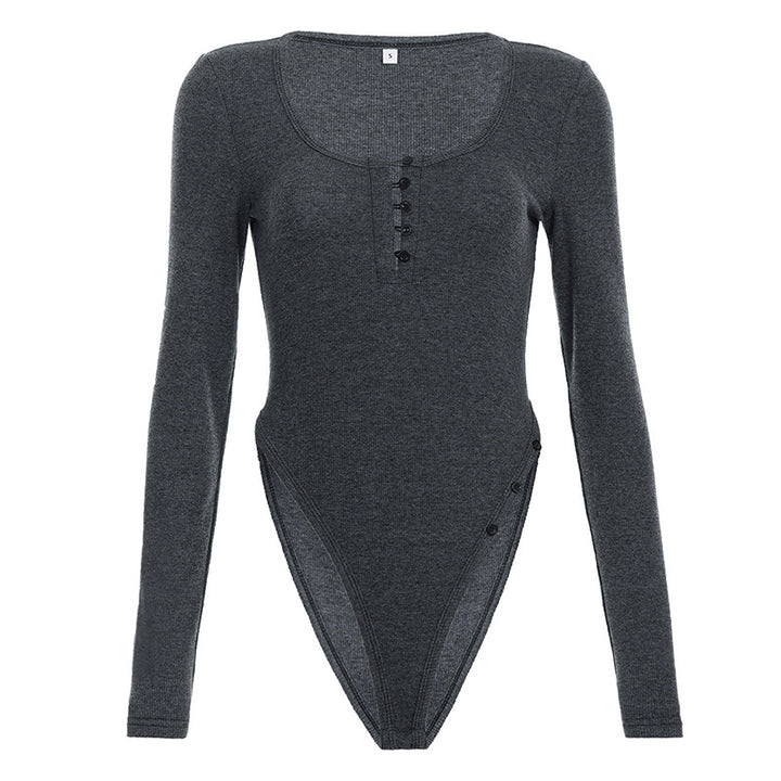 Dame figurtilpasset Langærmet bodystocking med elegant V-hals og trykknapdetalje Skovae