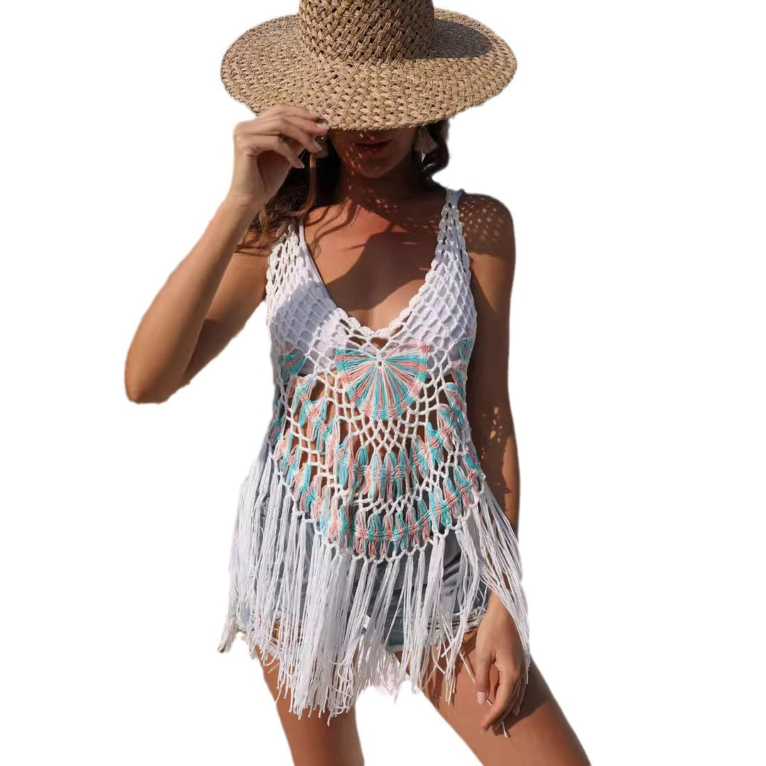 Dame hæklede strandtunika med off-shoulder design og frynse accenter Stilla