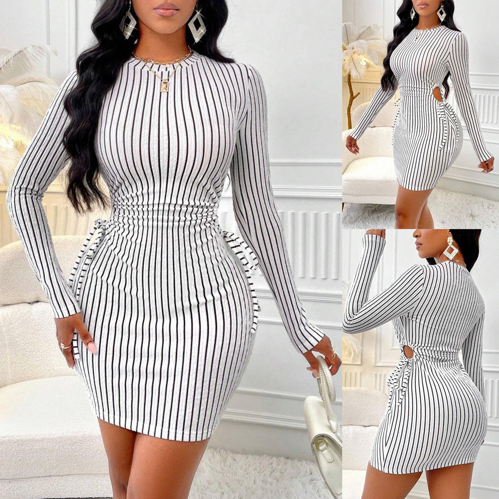 Dame Bodycon kjole med stribemønster og rynker Stilla