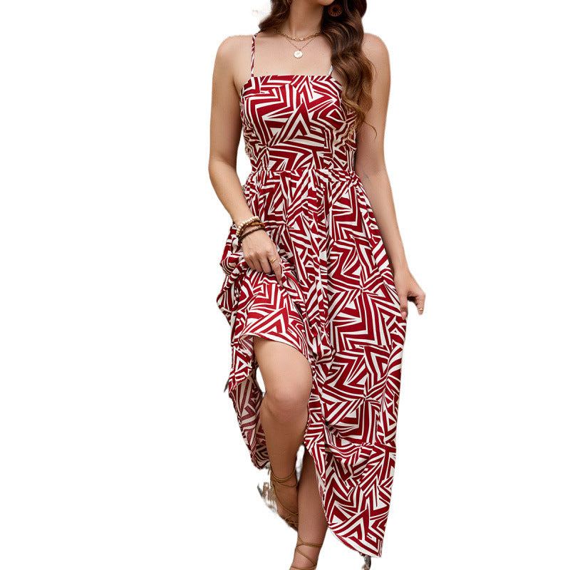 Dame High-Low Geometrisk Tryk Maxi Kjole med Justerbare Stropper Stilla