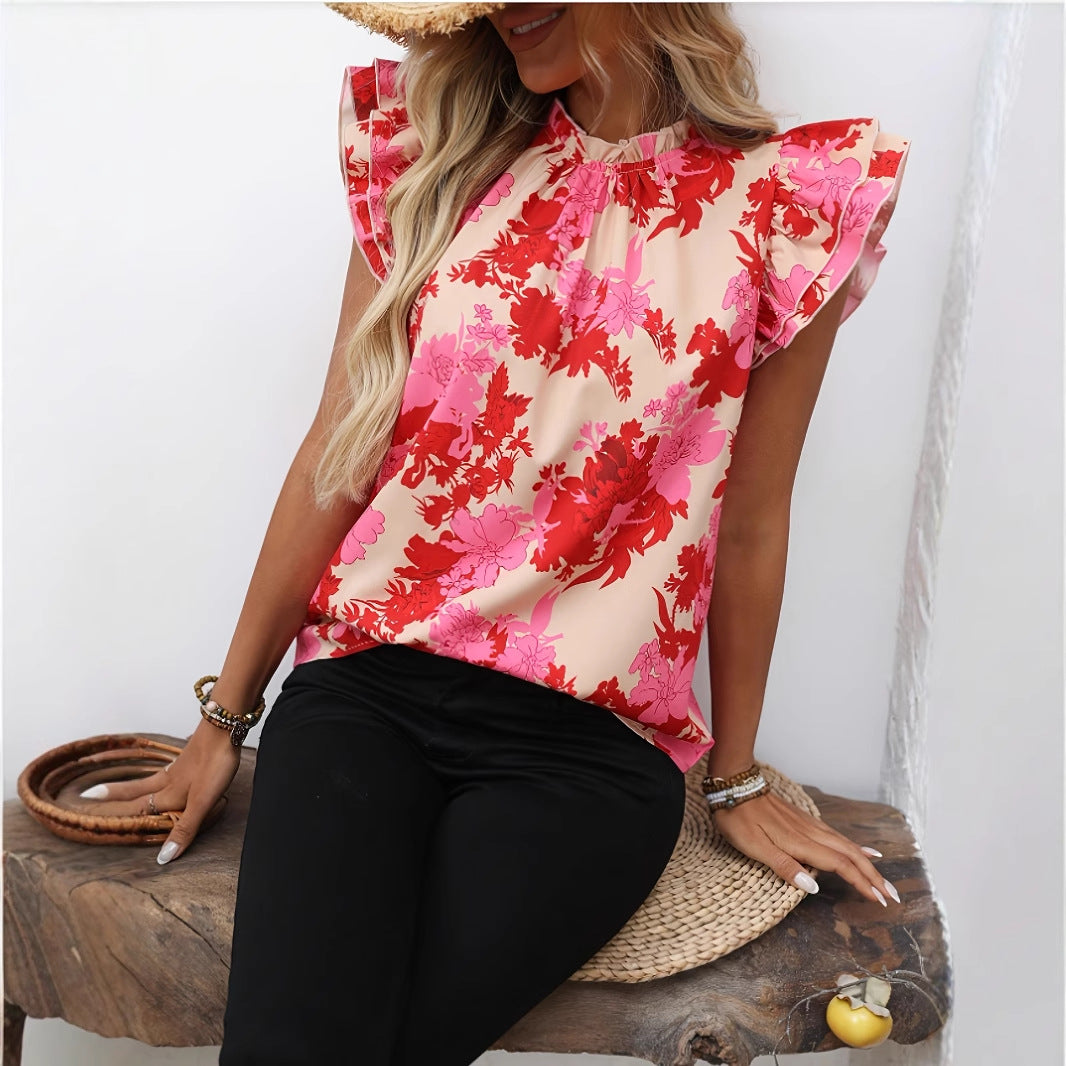 Dame Floral-mønster Bluse med Puffærmer Stilla
