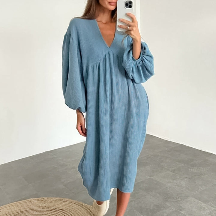 Dame afslappet oversized kjole med voluminøse ærmer og V-udskæring Stilla