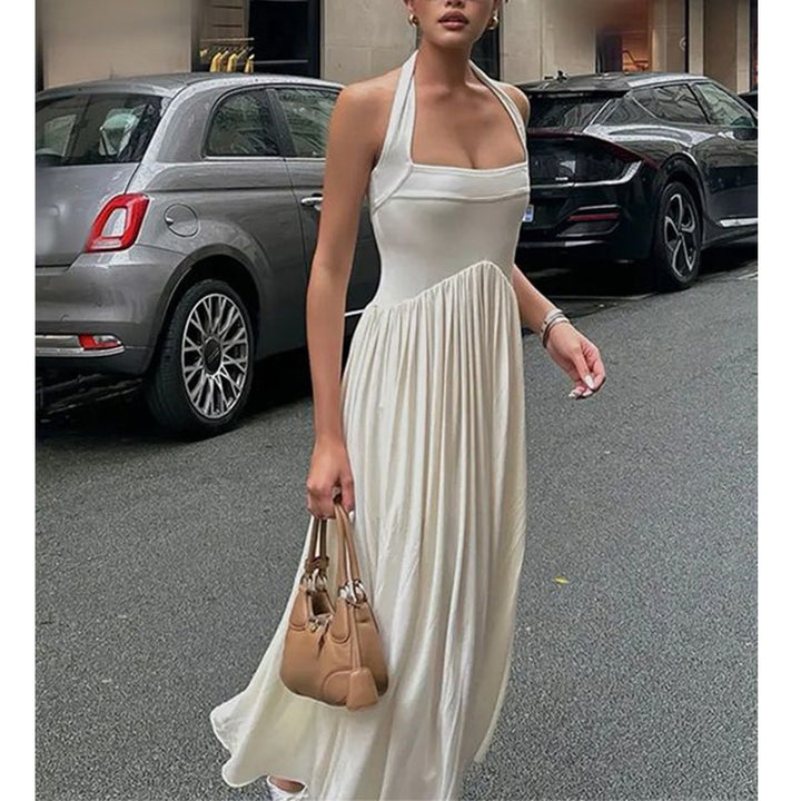 Dame maxikjole med rynket skørt og elegante stropper Stilla