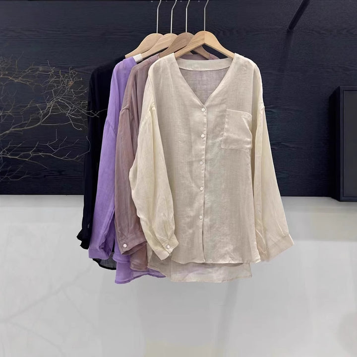 Femme Let Linned Knap-Op Bluse Stilla