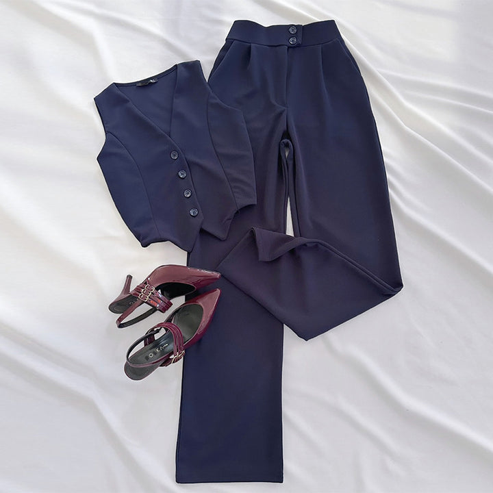 Dame Elegant Blazer-Sæt med vidde Bukseben og Knapliste Stilla