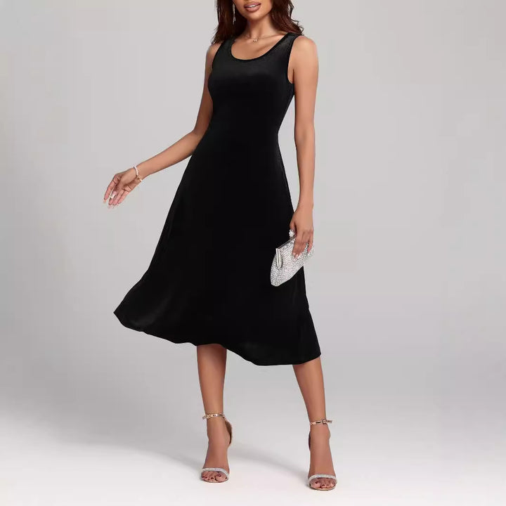 Dame elegant Midi-kjole med svajende skirt og rund halsudskæring Stilla