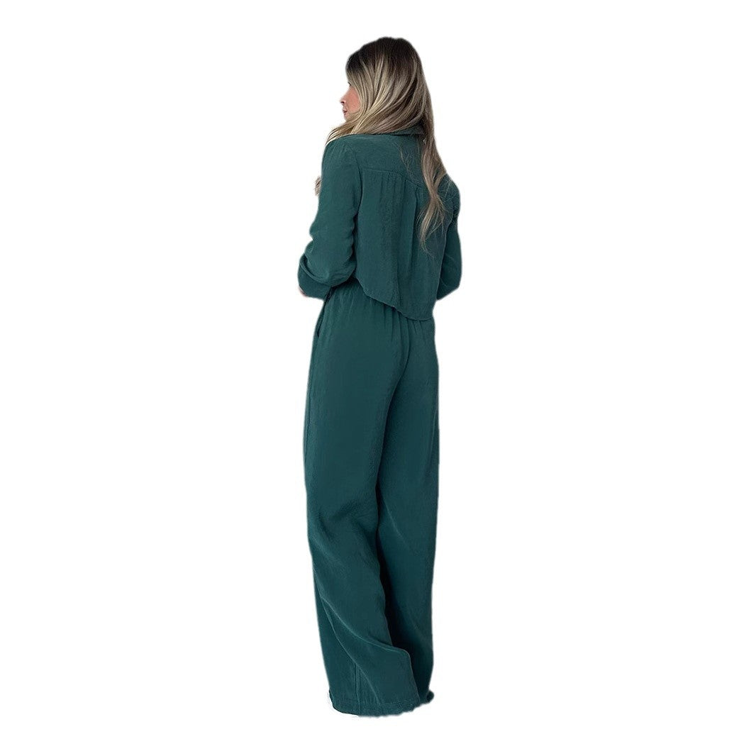 Dame Cropped Button-Up Bluse og Bred Bukser Sæt Stilla