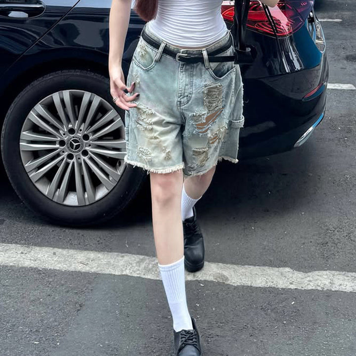 Dame Destroyed Denim-Shorts med høj talje og fransede kanter Skovae