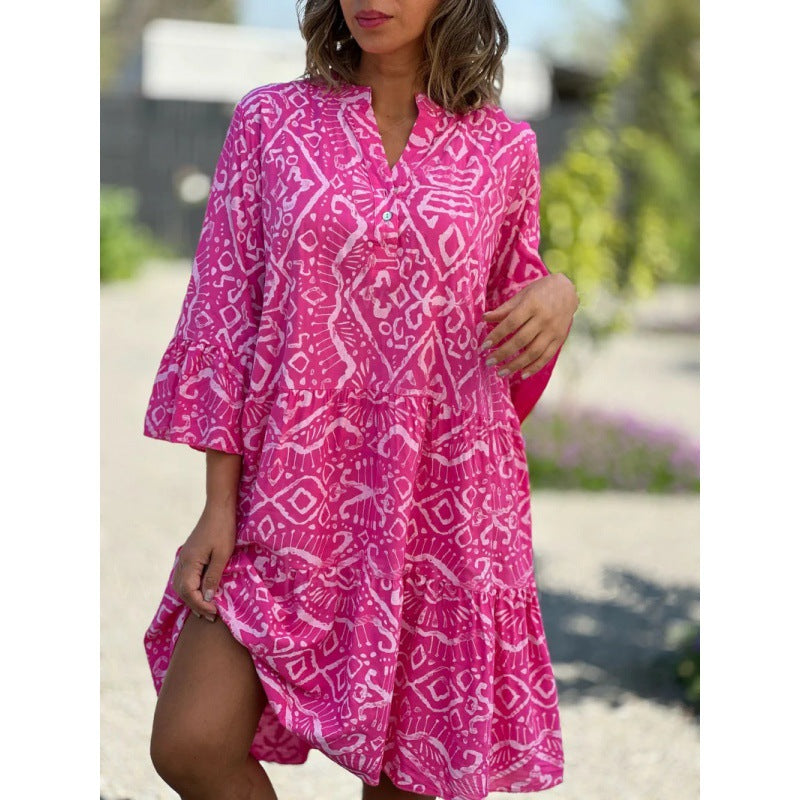 Stilla | Chic V-hals Flared Sleeve Cake Print Spliced Kjole