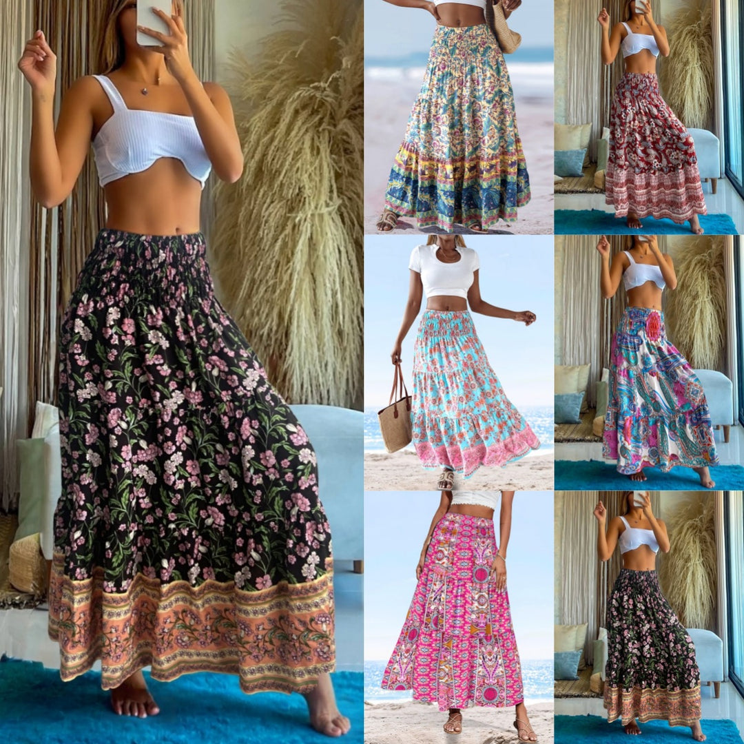 Dame maxilangt skirt med blomster mønstre og elastisk talje Stilla