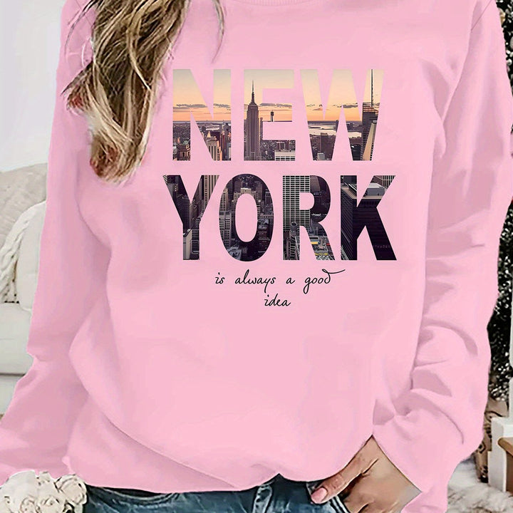 Kvinders sweatshirt med kreativ New York skyline print og hyggelig pasform Stilla