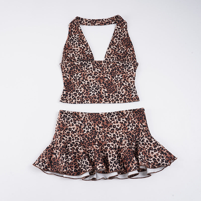 Damen Badeanzug Set mit Leopardenmuster und verführerischer Rüsche Skovae