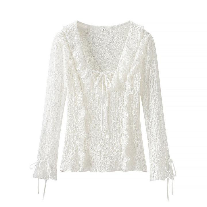 Damebluse med flæsedetaljer og justerbare snørestropper Stilla