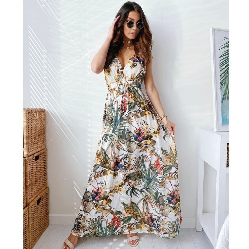 Femme Floral Print Maxikjole med dyb V-udskæring Stilla