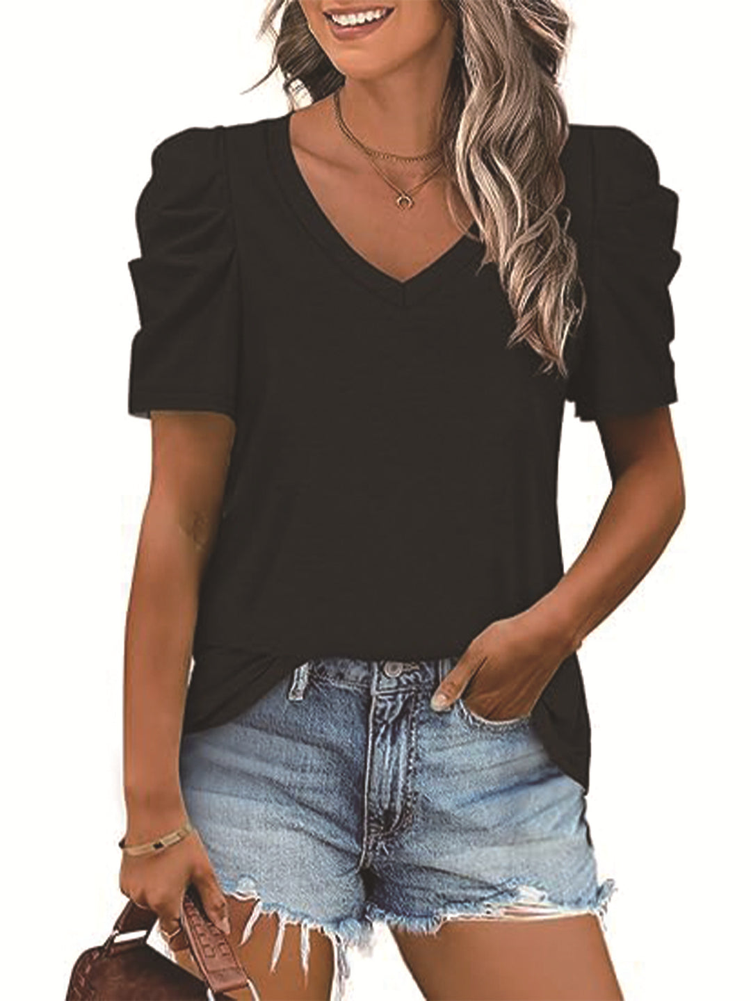 Dame trendy V-hals T-shirt med puffærmer Stilla