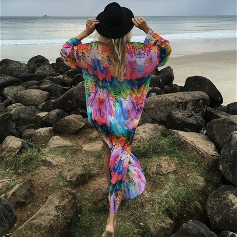 Dame Gennemsigtig Strandkimono med farverigt Fjerdesign Stilla