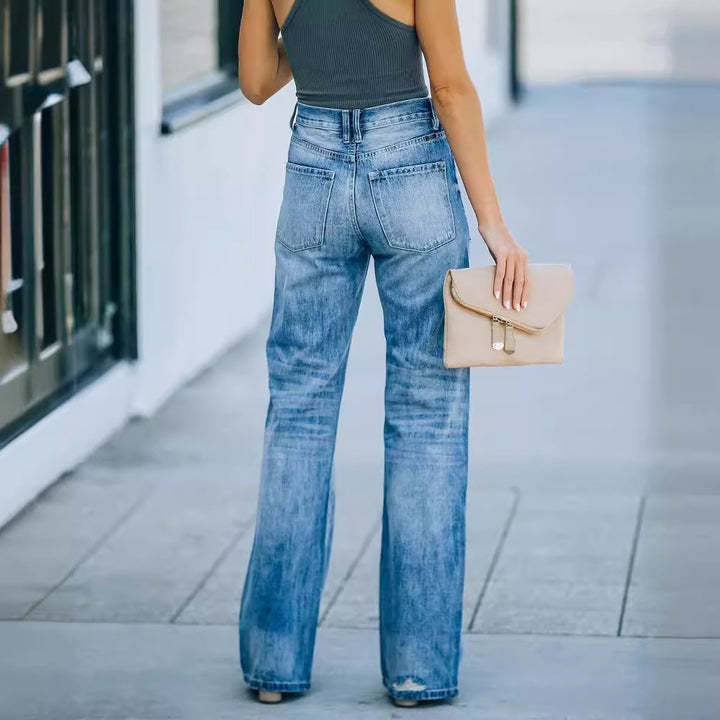 Dame brede jeans med slidteffekter og høj talje