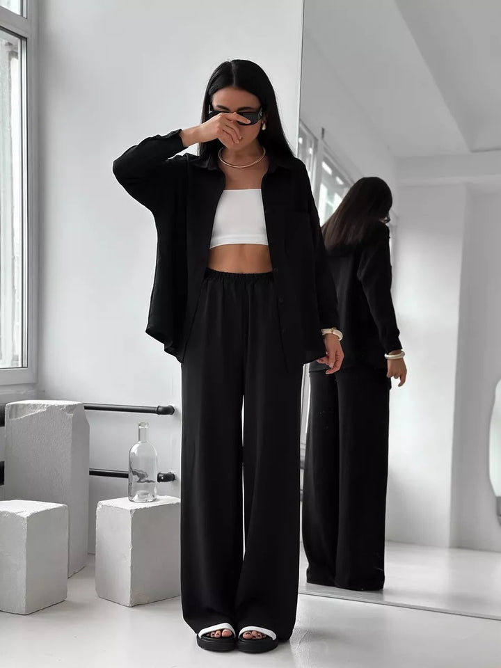 Dame løs linned-buksedragt sæt med elegant bluse og elastisk talje Stilla