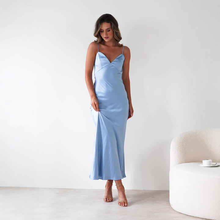Ladies Satin Maxi Dress in elegant cut with narrow spaghetti straps Skovae