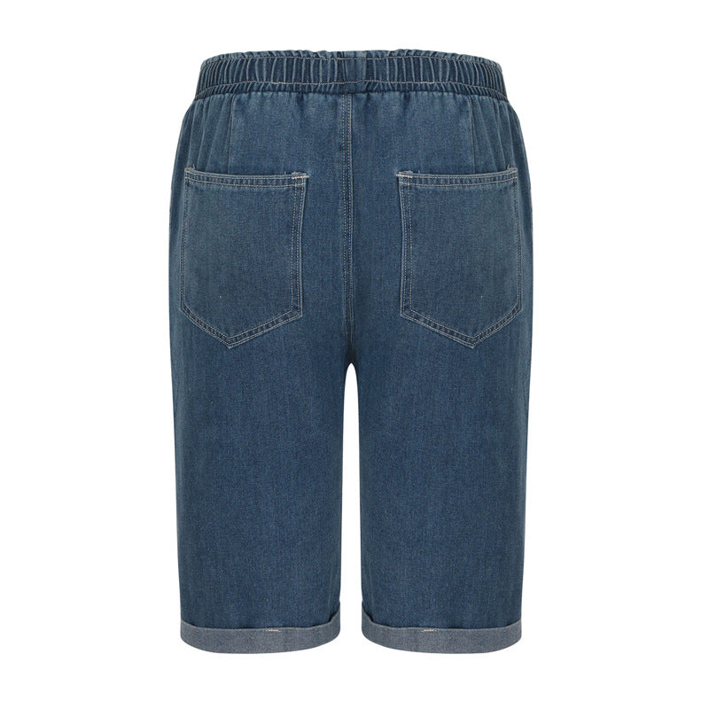Dame Denim-Bermudaer med justerbar snor og opfoldet kant Stilla