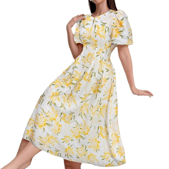 Dame Blomster Puffærme Midi Kjole Stilla