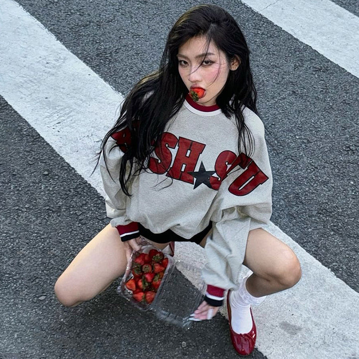 Dame Trendy Cropped Sweatshirt med iøjnefaldende print og ribbede afslutninger Stilla