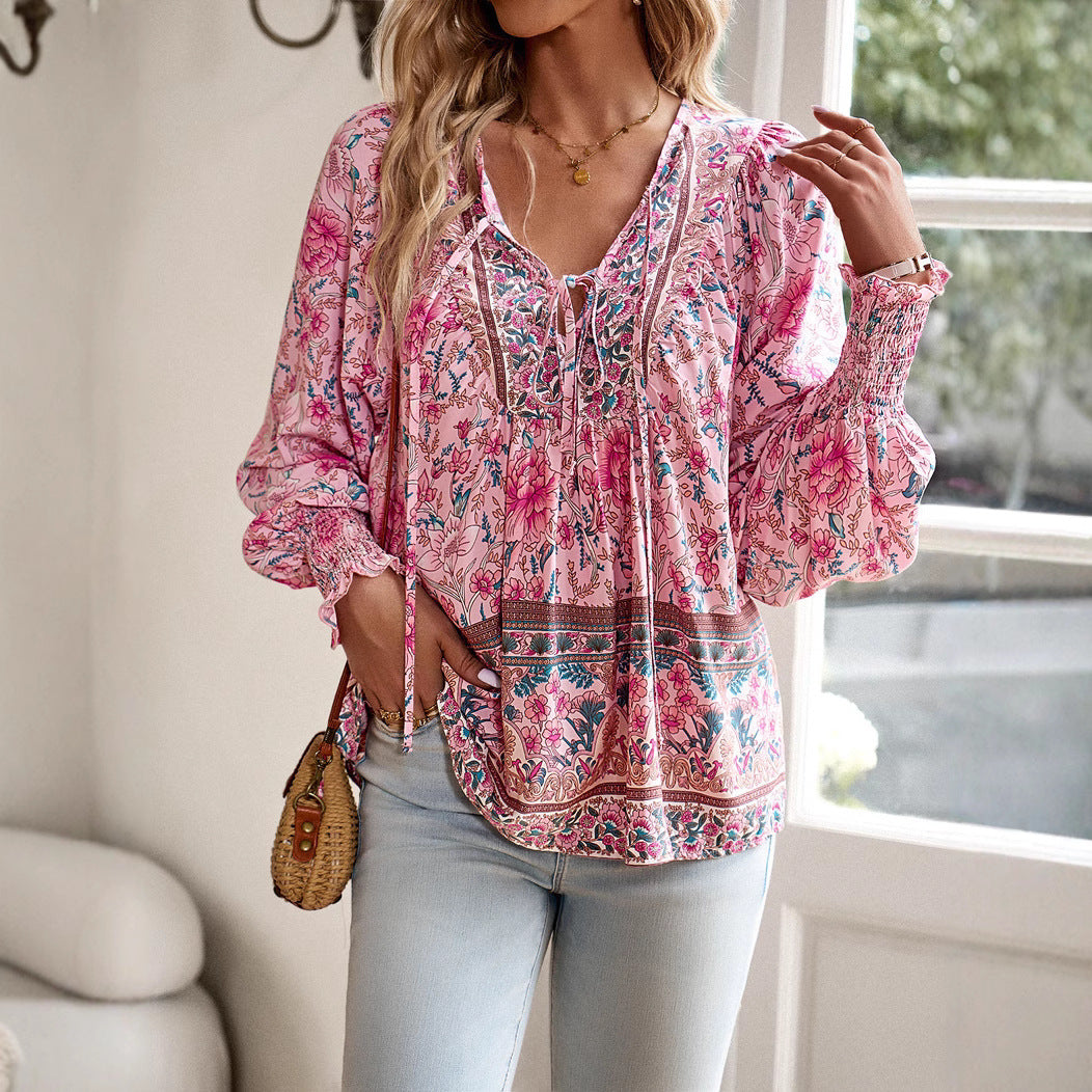 Dame Boho-stil bluse med blomsterprint og brede ærmer Stilla