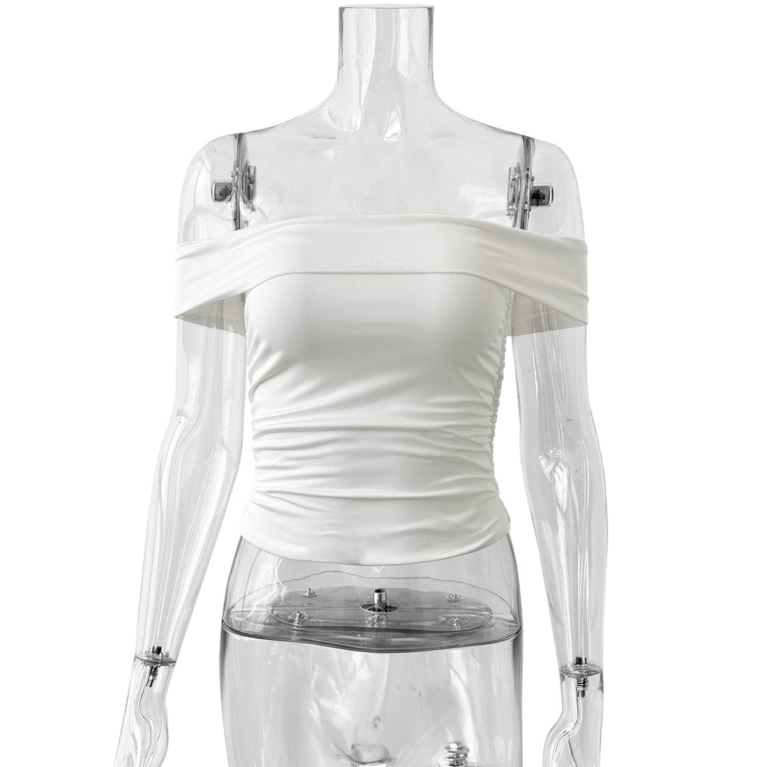 Dame Off-Shoulder Crop-Top i elastisk materiale med figursyet design Skovae