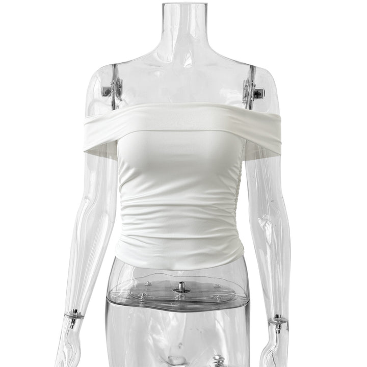 Dame Off-Shoulder Crop-Top i elastisk materiale med figursyet design Skovae