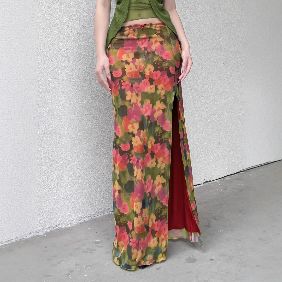 Dame Maxi-nederdel med blomster Chiffon-design og sidelæg Skovae