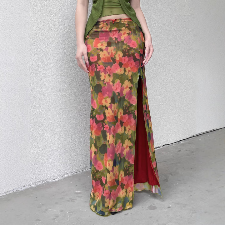 Dame Maxi-nederdel med blomster Chiffon-design og sidelæg Skovae