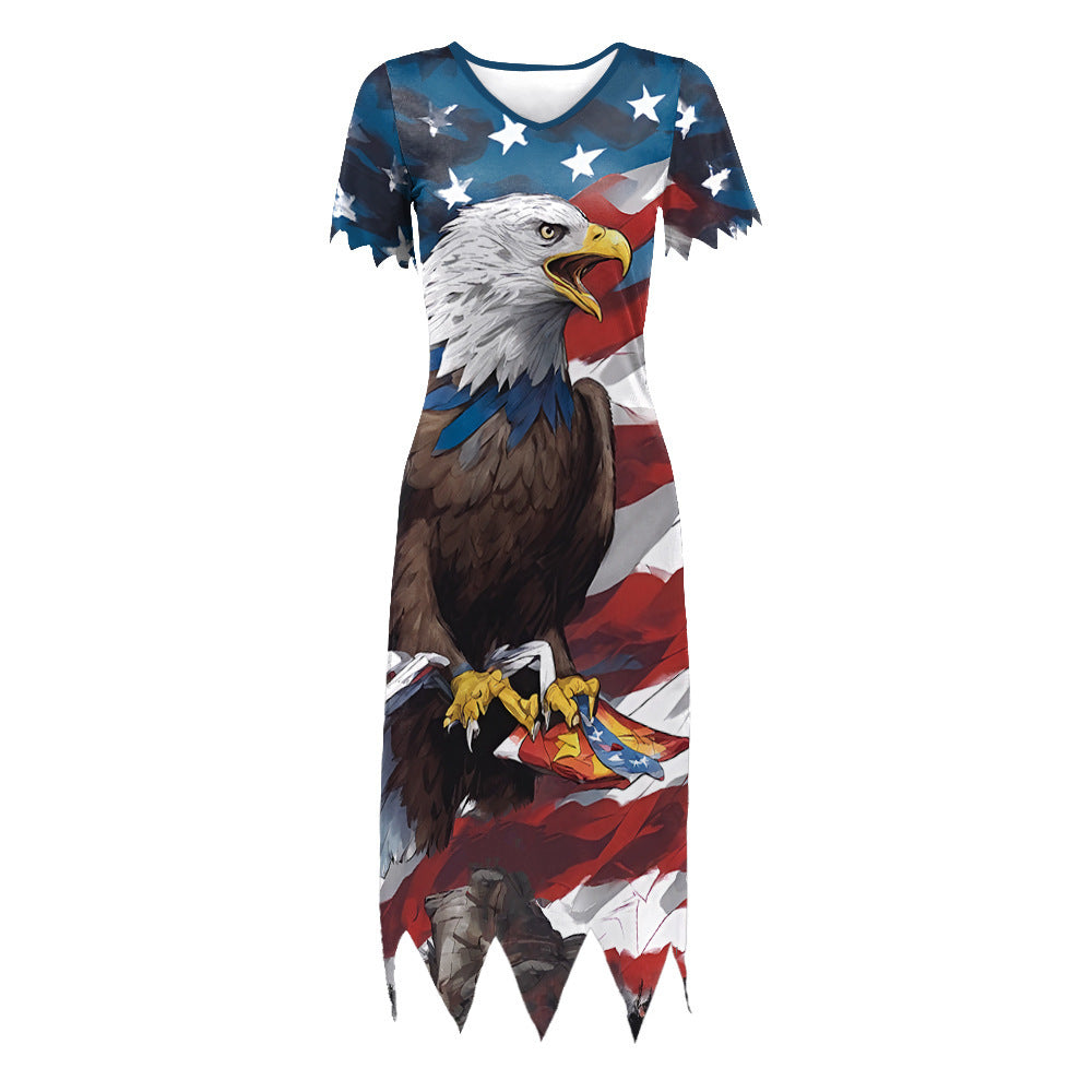Dame afslappet T-shirt kjole med amerikansk flag mønster og asymmetrisk kant Stilla