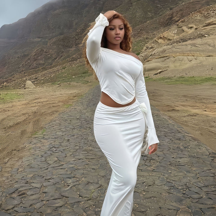 Dame Elegante Off-Shoulder-Maxi-Kjole med Flæsedetaljer Stilla
