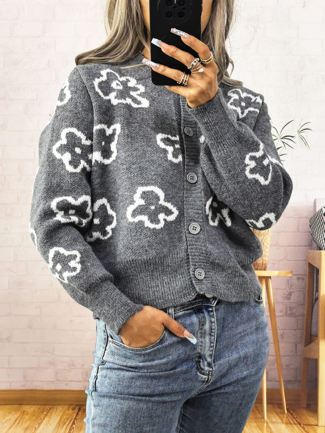 Damer komfortabel cardigan med blomsterdesign Stilla