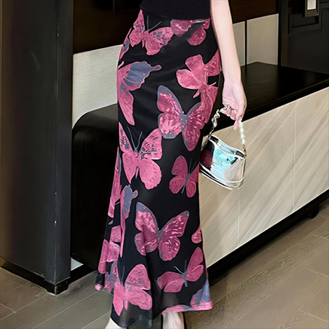 Damer Elegant Maxi Kjole med Blomster Sommerfuglemønstre og Transparent Nederste Kant