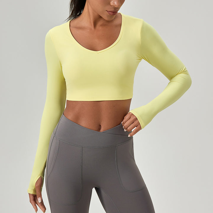 Dame Sporty Langærmet Crop Top med dyb udskæring og innovativ kropstilpasning Stilla