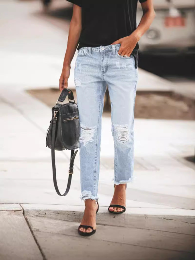 Dame Ripped Denim-Jeans med afslappet snit og frynset kant Stilla
