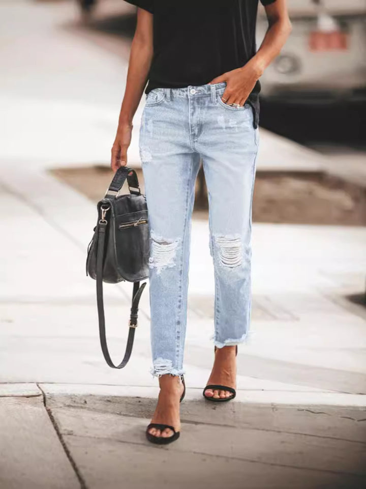 Dame Ripped Denim-Jeans med afslappet snit og frynset kant Stilla