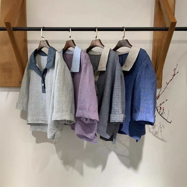 Femme Overstørrelser Linned Button-Up Top og Bredbenet Bukser Sæt Stilla