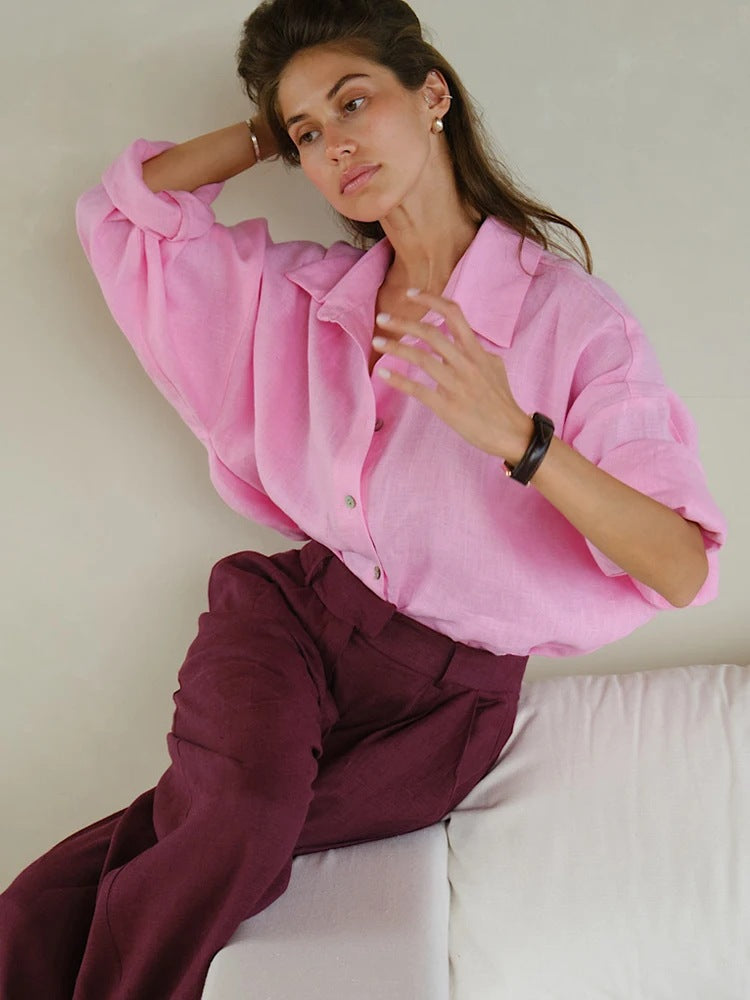 Dame Let Linned bluse med slidte skuldre Stilla