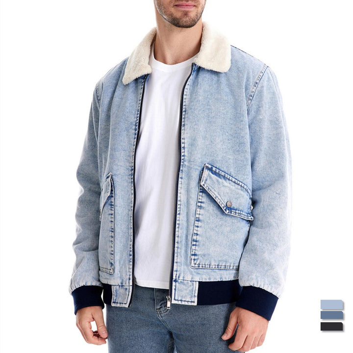 Herrer denimjakke med varmt kunstpelskrave og praktiske lommer Stilla