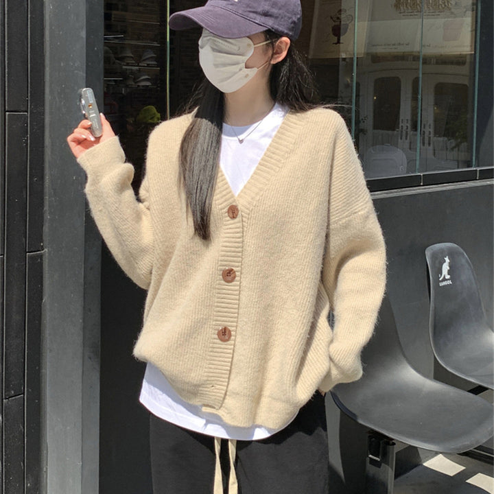 Femme Cozy V-Udskæring Knap-Op Strik Cardigan Stilla