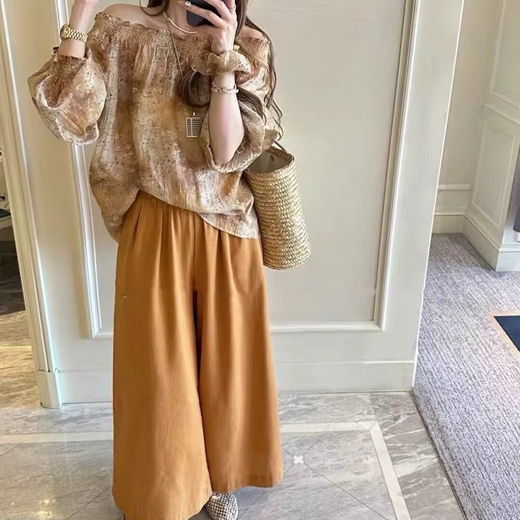 Dame bred bluse med flæseærmer og elegant høj talje bukser Stilla
