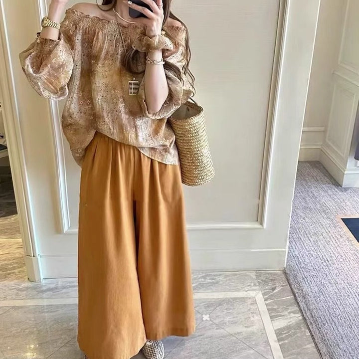 Dame bred bluse med flæseærmer og elegant høj talje bukser Stilla