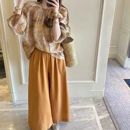 Dame bred bluse med flæseærmer og elegant høj talje bukser Stilla